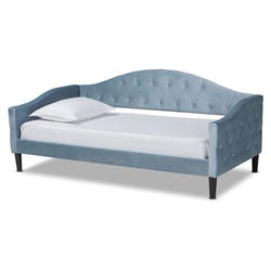 Baxton Studio Benjamin Modern and Contemporary Light Blue Velvet Fabric Upholstered and Dark Brown Finished Wood Twin Size Daybed Affordable modern furniture in Chicago, classic bedroom furniture, modern twin size, cheap twin size